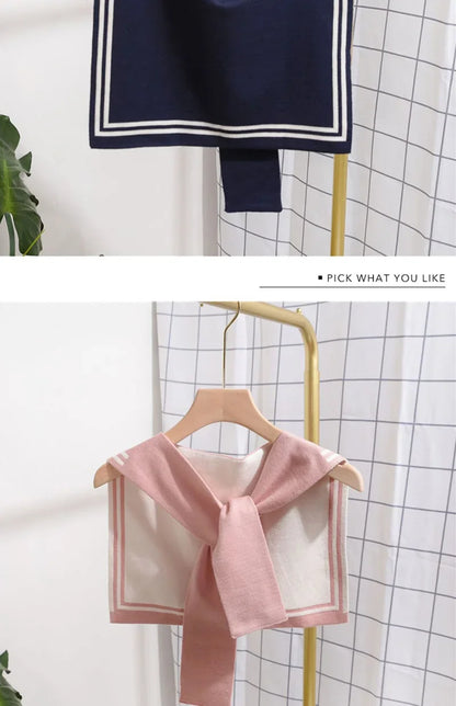 Korean College Navy Stripe Wool Knit Shoulder Cape Knotted Warm Overlapping Shawl Women Summer Neck Scarf T56
