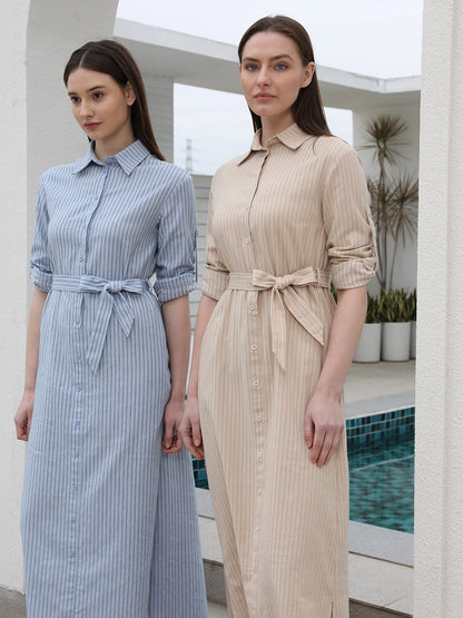 AP SS25 Women Stripe Blouse Maxi Dress with Removable Belt 100% Cotton