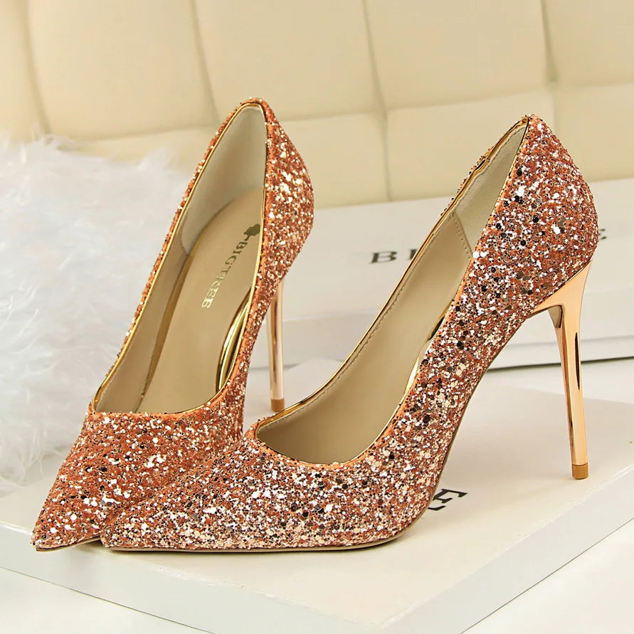 Women 7cm 9.5cm High Heels Pumps Wedding Bridal Scarpins Sparkly Mid Heels Lady Party Sequins Glitter Evening Gold Silver Shoes