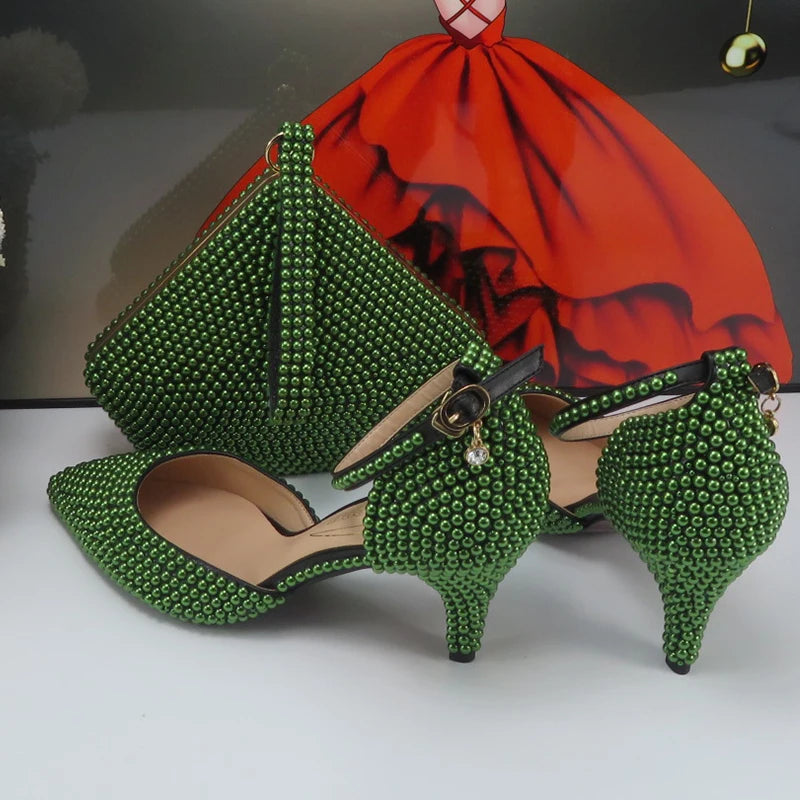 BaoYaFang New arrival Green Pearl Bridal shoes and Bag Set woman party dress shoes Big size ankle Strap Buckle Shoes High Pumps