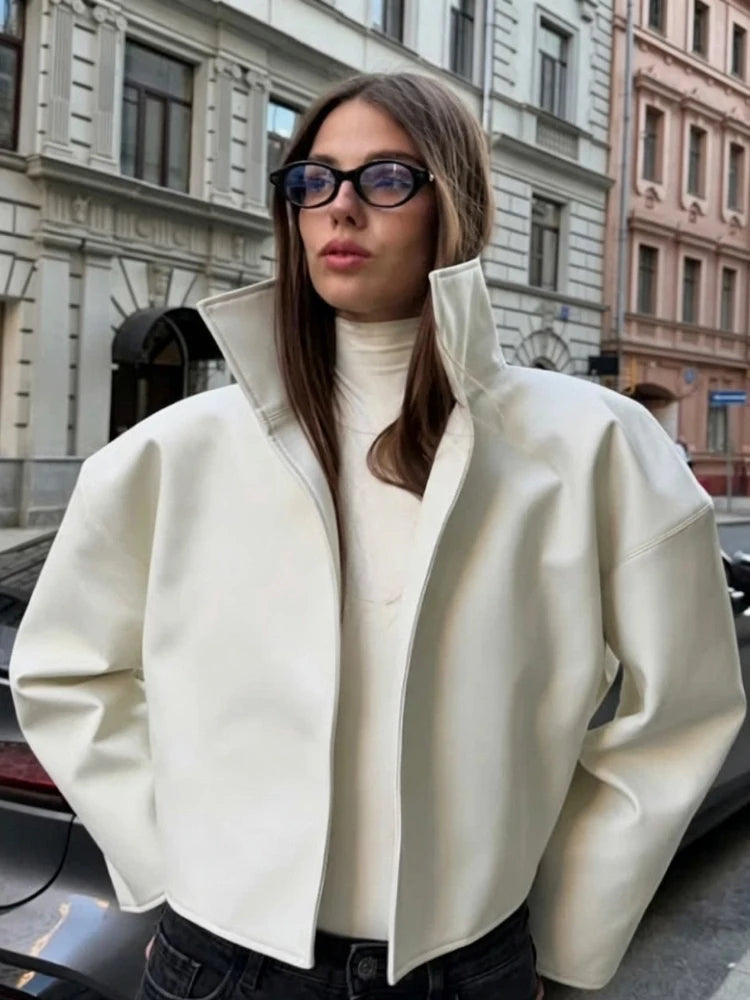 Women Cropped PU Leather Jacket Stand Collar Wide Flare Sleeve Asymmetrical Wrap Open Front Coat 2026 Autumn Chic Loose Jackets