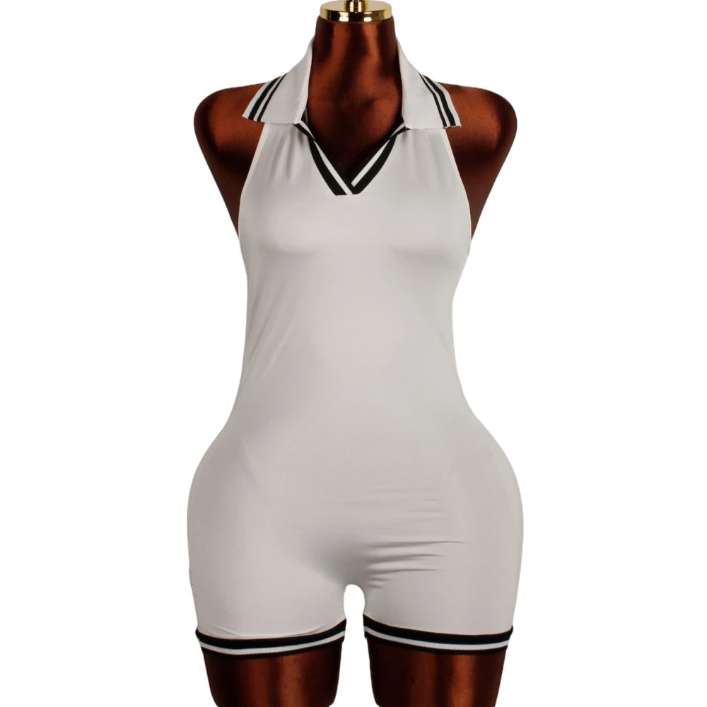 HLJ&GG Summer New Stripe Halter Lapel One Piece Rompers Women Sleeveless Backless Bodycon Jumpsuits Sexy Stretchy Overalls 2025