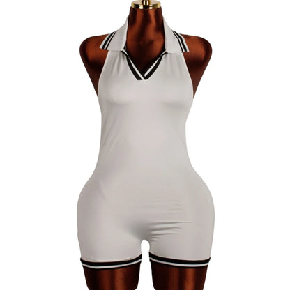 HLJ&GG Summer New Stripe Halter Lapel One Piece Rompers Women Sleeveless Backless Bodycon Jumpsuits Sexy Stretchy Overalls 2025