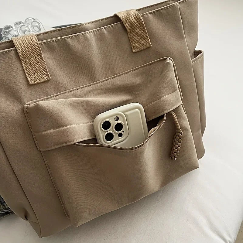 Multi Compartment, Zipper Closure, Women's Bags Large Capacity Japanese Style Tote Bag, Cute Plush Fixed Strap, Casual Elegance