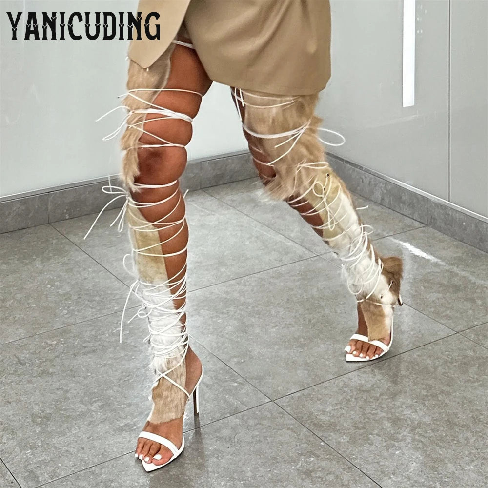 Fur Hide Lace up Sandal Boots Brown White Thigh High Elastic Cord Lace up Ties Summer Boots Sexy Novelty Designer Style Sandals