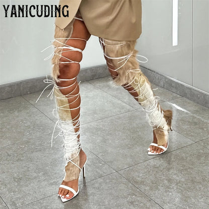 Fur Hide Lace up Sandal Boots Brown White Thigh High Elastic Cord Lace up Ties Summer Boots Sexy Novelty Designer Style Sandals