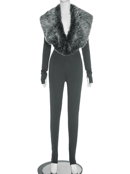 Weird Puss Furry Deep V-Neck Jumpsuits Woman Hipster Patchwork Trend Sexy Stretch Fitness Club Activity Luxury Midnight Overalls