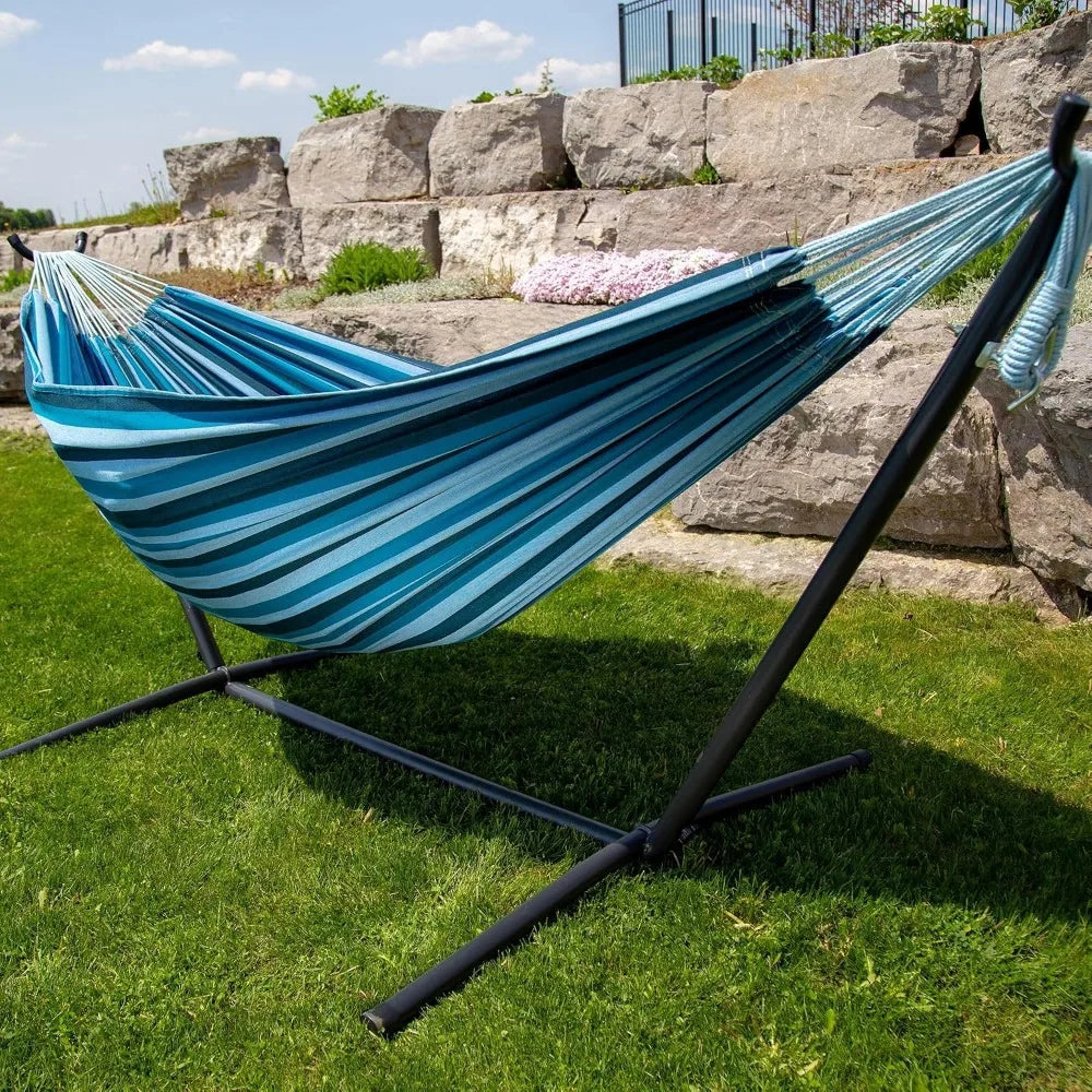 Double Cotton Hammock with Steel Stand, 450 lb Capacity, Carry Bag