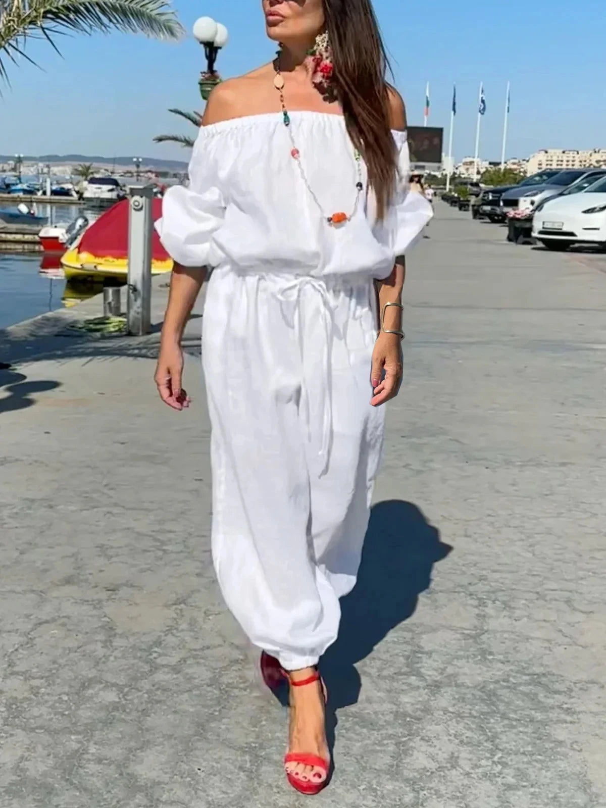 Solid Color Off Shoulder Jumpsuit, Casual Puff Sleeve Cinched Waist Jumpsuit For Spring & Fall, Women's Clothing