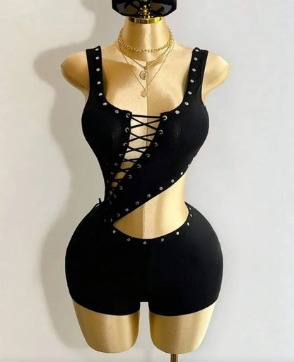 Y2k Sexy Rompers Women Outfit Hollow Out Laced Up Sleeveless Tight Bodycon Romper Ribbed One Piece Shorts Jumpsuit Playsuit