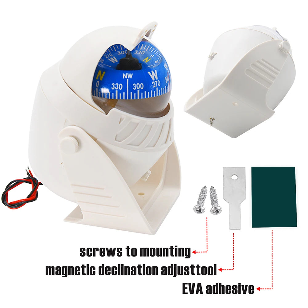 For Boat Yacht Car Waterproof Navigation Compass With Electronic LED Light White/Black Marine Sea Pivoting Marine Compass