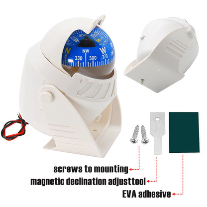 For Boat Yacht Car Waterproof Navigation Compass With Electronic LED Light White/Black Marine Sea Pivoting Marine Compass
