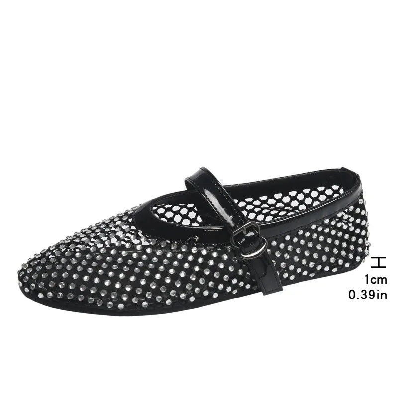 Summer Rhinestone Mesh Hollow Sandals Plus Size 43 Women Flats Shallow 2024 New Mary Jane Shoes Comfort Luxury Female Flat Shoes
