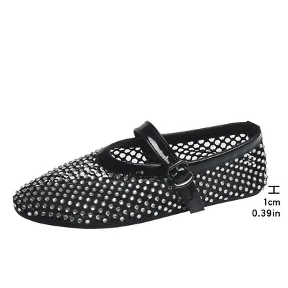 Summer Rhinestone Mesh Hollow Sandals Plus Size 43 Women Flats Shallow 2024 New Mary Jane Shoes Comfort Luxury Female Flat Shoes