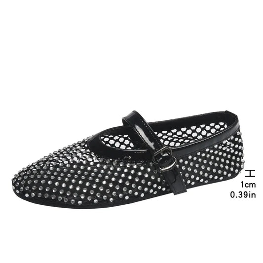 Summer Rhinestone Mesh Hollow Sandals Plus Size 43 Women Flats Shallow 2024 New Mary Jane Shoes Comfort Luxury Female Flat Shoes