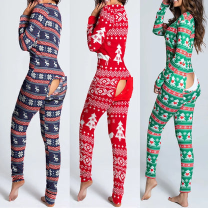 Women Christmas Onesies With Butt Flap For Adults Sexy Sleepwear Romper Open Butt Pajamas Jumpsuit 2023 Xmas Pyjama Long Nightie