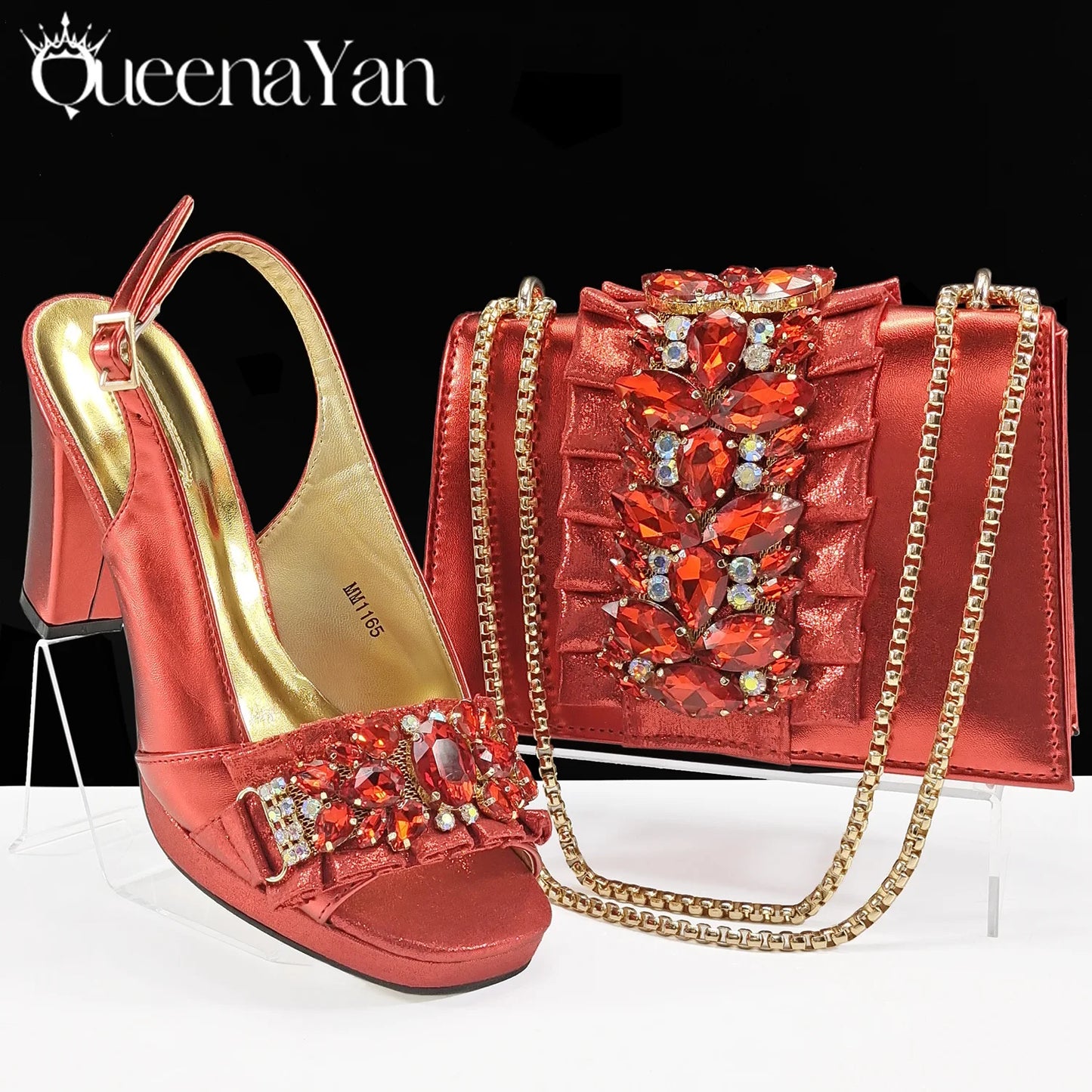 Queena Yan New Arrival Mature Elegant Silver Color Rhinestore Design Party Wedding Lady Shoes and Bag Set for Platform Design