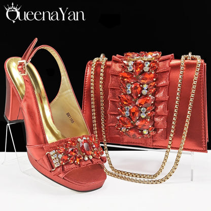 Queena Yan New Arrival Mature Elegant Silver Color Rhinestore Design Party Wedding Lady Shoes and Bag Set for Platform Design