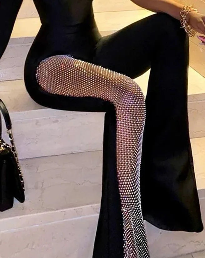 Jumpsuit Women Spring Fashion Rhinestone Fishnet Patch Sexy Plain Asymmetrical Neck Long Sleeve Skinny Daily Flared Leg Jumpsuit