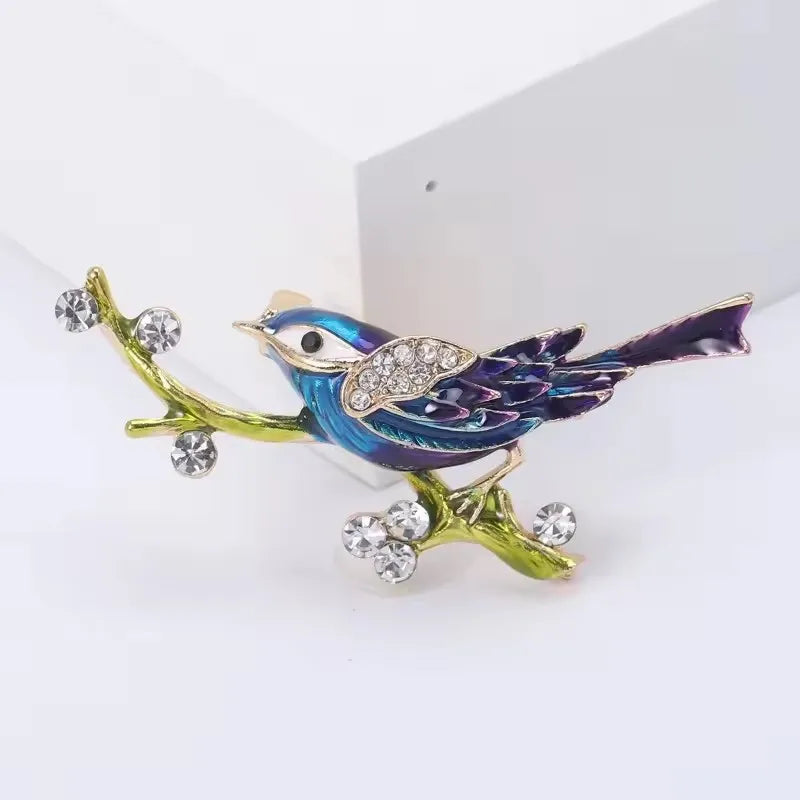 Fashion Magpie Brooch Cute Bird Flower Enamel Rhinestone Corsage Pin Clothing Accessories Jewelry