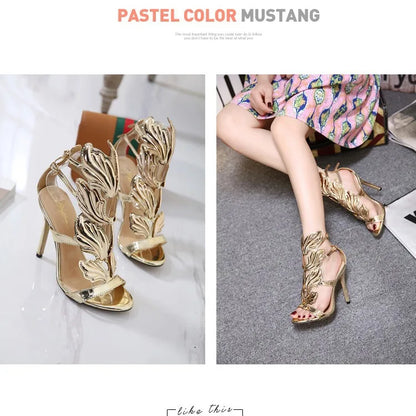 Stunning Gold High - Heel Open - Toe Sandals: Elegant Leaf Detailing, Perfect for Summer Evenings and Parties