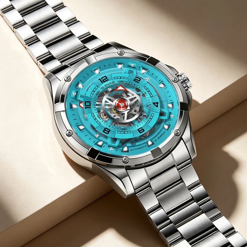 GLENAW Men Mechanical Watches Casual Outdoor Wristwatch Men Top Luxury Automatic Hollowed Watch Male Stainless Steel Waterproof