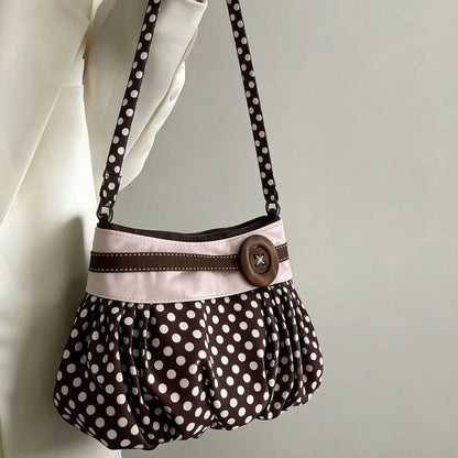 Pleated Design Dumpling Bag Retro Polka Dot Wooden Button Decor Handbag Soft Striped Shoulder Bags Pattern Casual Commuter Bag