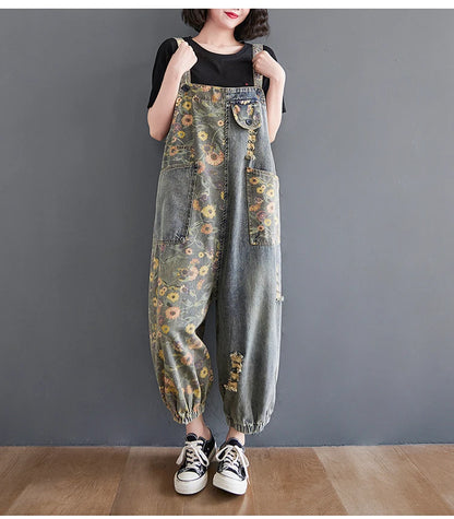Casual Oversized Print Floral Denim Overalls For Women Loose Wide Leg Mom Jeans Rompers And Jumpsuit Cargo Straps Baggy Pants