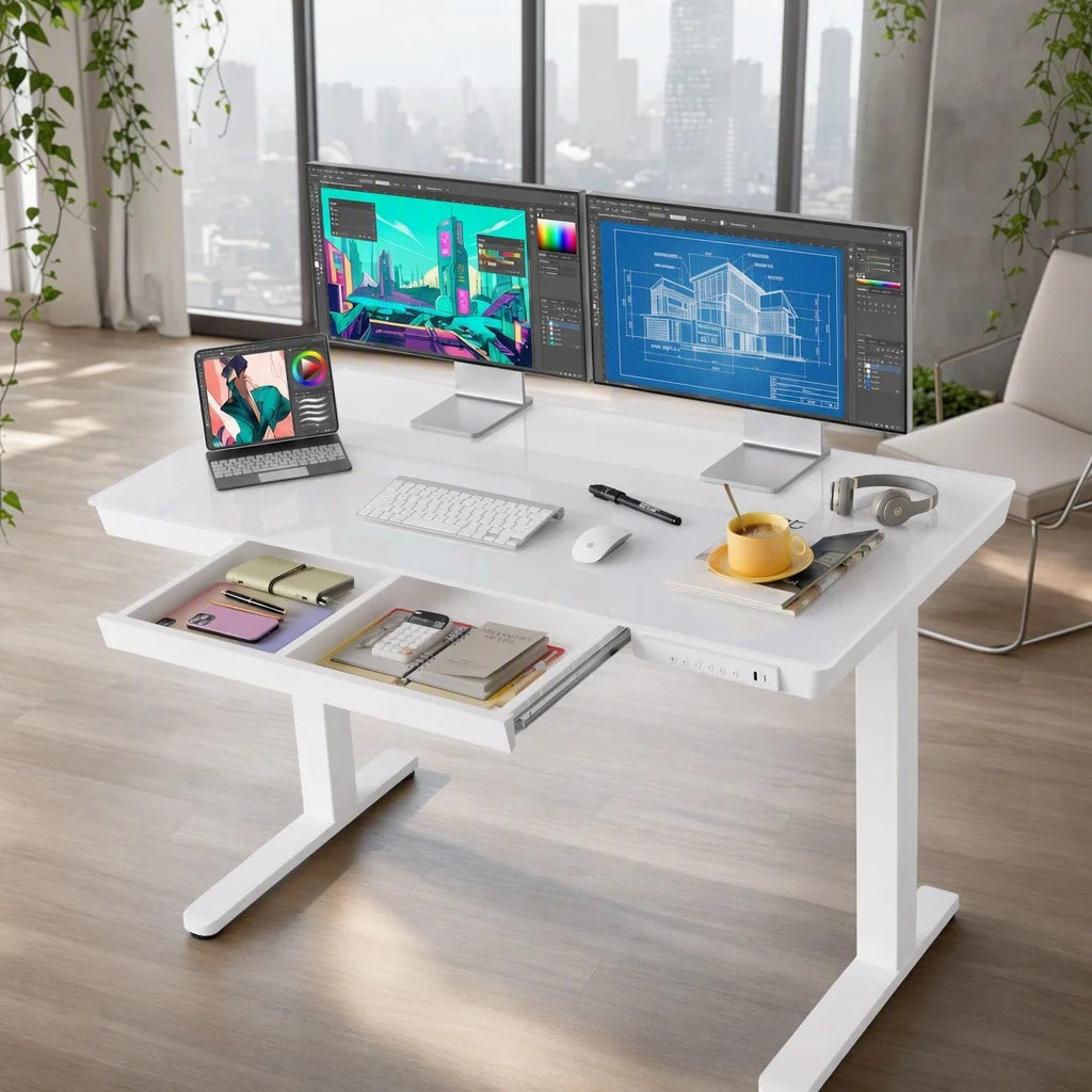 Glass Standing Desk with Drawer 58 X 28 Inches Stand up Desk Standing Desk Adjustable Height with One-Piece Tempered Glass Top, Ergonomic Home Office Desk with 4 Preset Heights