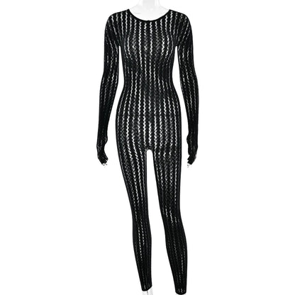 Sibybo Sheer Hollow Out Jumpsuits Women Summer Round Neck Long Sleeve High Stretch One Piece Jumpsuit Rompers Thin Sexy Overalls