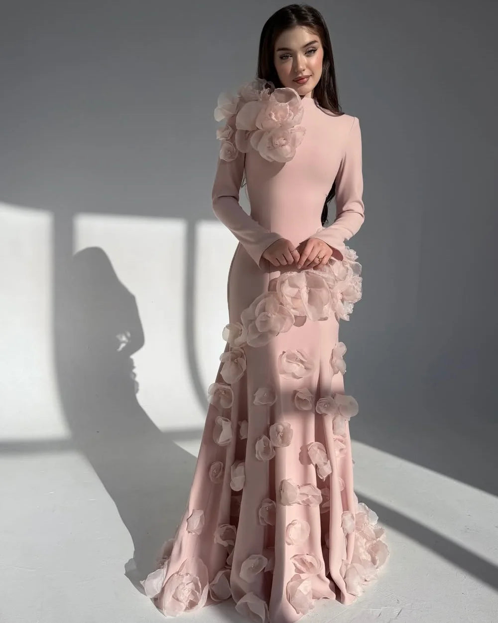 Customized High Quality Women Jersey Handmade Flower Beading Mermaid Evening Dresses Classic High Collar Long Sleeves Party Gown