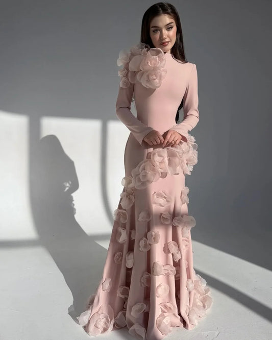 Customized High Quality Women Jersey Handmade Flower Beading Mermaid Evening Dresses Classic High Collar Long Sleeves Party Gown