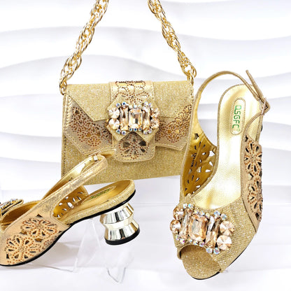 New Lady Style Shoes and Bag Set Round Heels Nigerian Fashion Diamond Decorated Women's High Heels Bag 5.5cm
