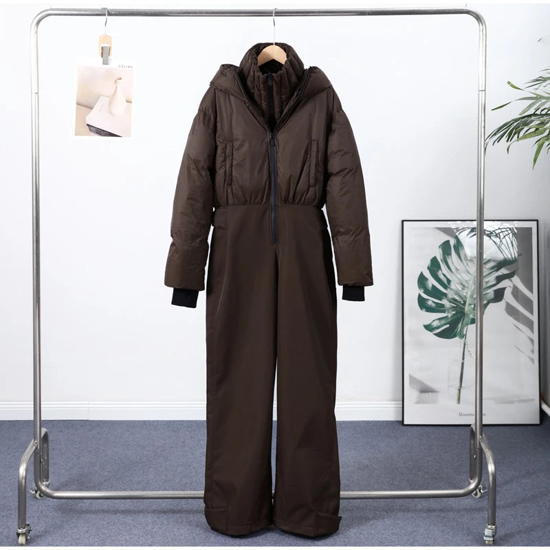 Detachable Hooded Ski Suit Jumpsuit Woman Zipper Color Blocked Long Sleeve Slim Warm Jumpsuits Sports Casual Women's Ski Suits