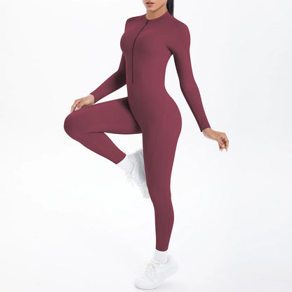 Solid Color Bodysuits for Woman's Backless Long Sleeved Zipper Yoga Jumpsuits High Dtrength Workout Sports Fitness Clothing Set