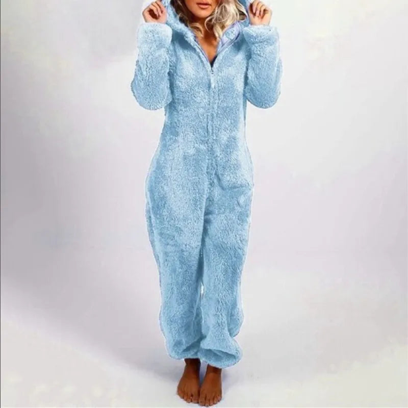 Casual Cute Women's Thick Warm Furry Jumpsuit One-Piece Solid color Hooded Pants Set Home Wear Comfortable Jumpsuits Overall