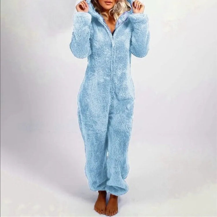 Casual Cute Women's Thick Warm Furry Jumpsuit One-Piece Solid color Hooded Pants Set Home Wear Comfortable Jumpsuits Overall