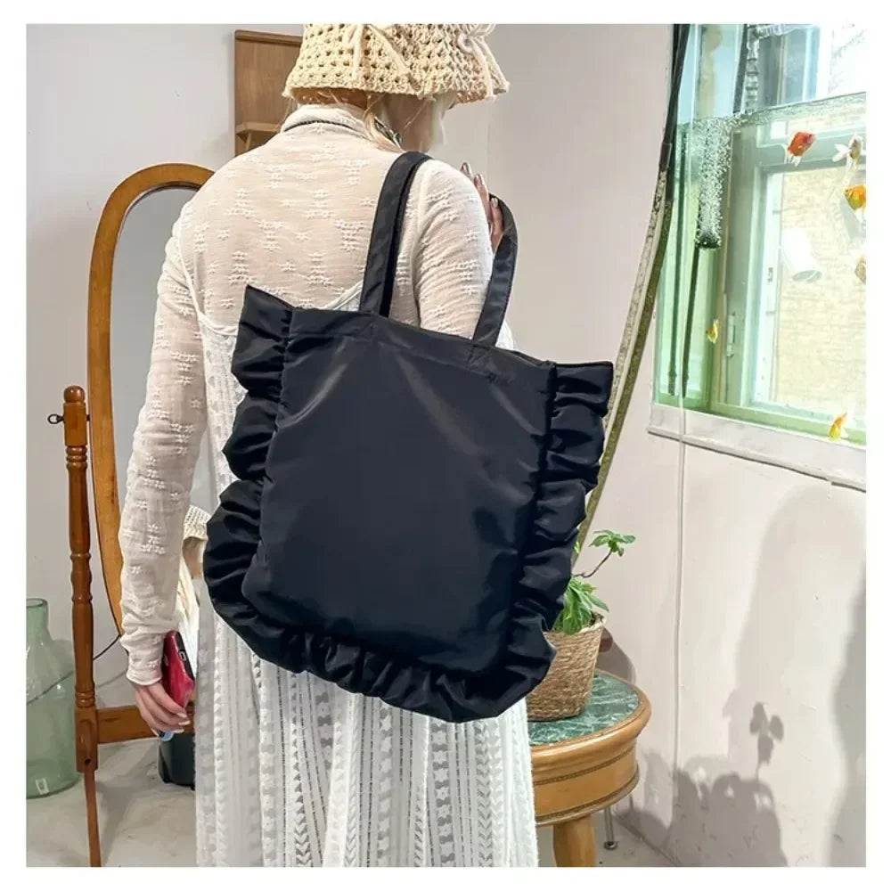 New Elegant Vintage Women Casual Tote Bags French Style Ruffles Shoulder Bag Large Capacity Versatile Handbag