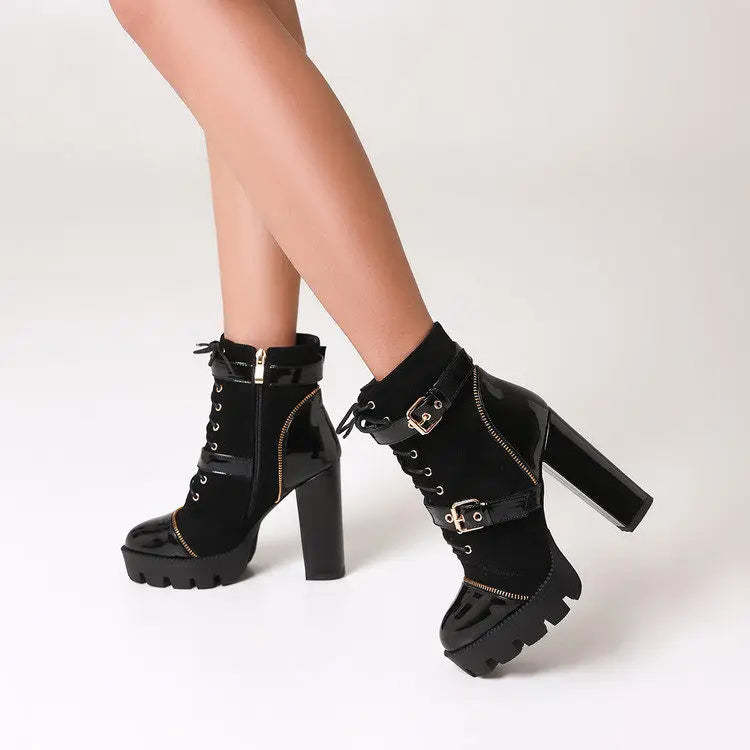 Design Women Black Leather Round Toe Rivets Metal Zippers Block High Heel Thick Bottom Ankle Boots Belt Buckles Platform Boots