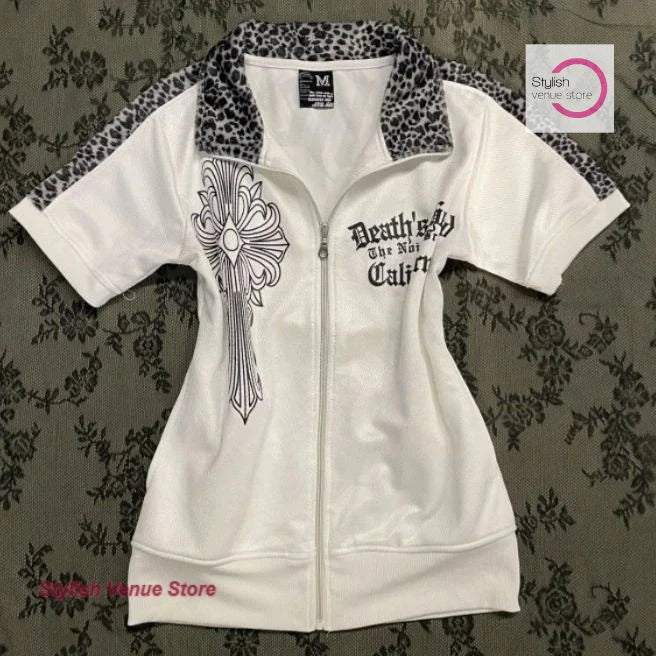 Japanese subculture y2k splicing leopard print cardigan coat short sleeve T-shirt women's summer new vintage slim waist top