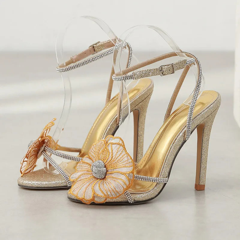 2025 Summer New brand Luxury Rhinestones Flowers Women Sandals Fashion Sequined Ankle Strap Stiletto High heels Female Shoes