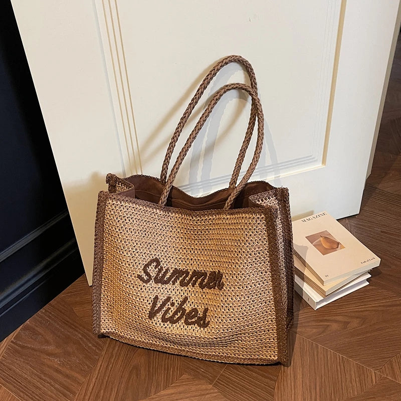 Large Capacity Women Tote Bag 2026 New Fashion Hand-made Straw Bag Female Shoulder Handbag Causal Commuter Bags for Ladies