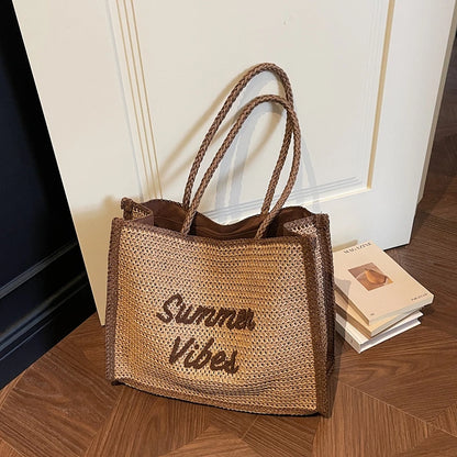 Large Capacity Women Tote Bag 2026 New Fashion Hand-made Straw Bag Female Shoulder Handbag Causal Commuter Bags for Ladies