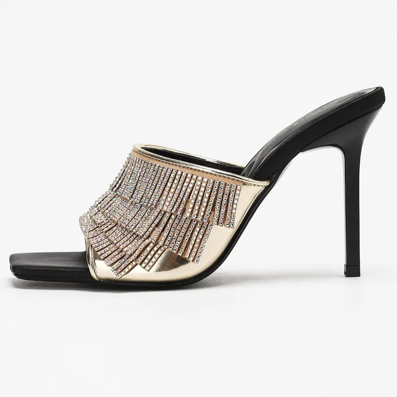 Sexy Rhinestone Designer Thin Heeled Slippers Women Open Toe 2026 New Elegant Party Dress Shoes Tassel Luxury High Heels Sandals