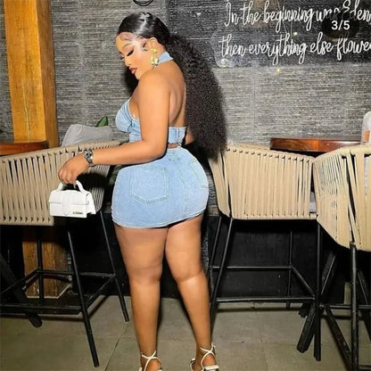 Sexy Denim Two Piece Set Women Y2K Clothes Zipper Halter Hollow Out Backless Crop Top and Mini Skirt Club Party Matching Sets