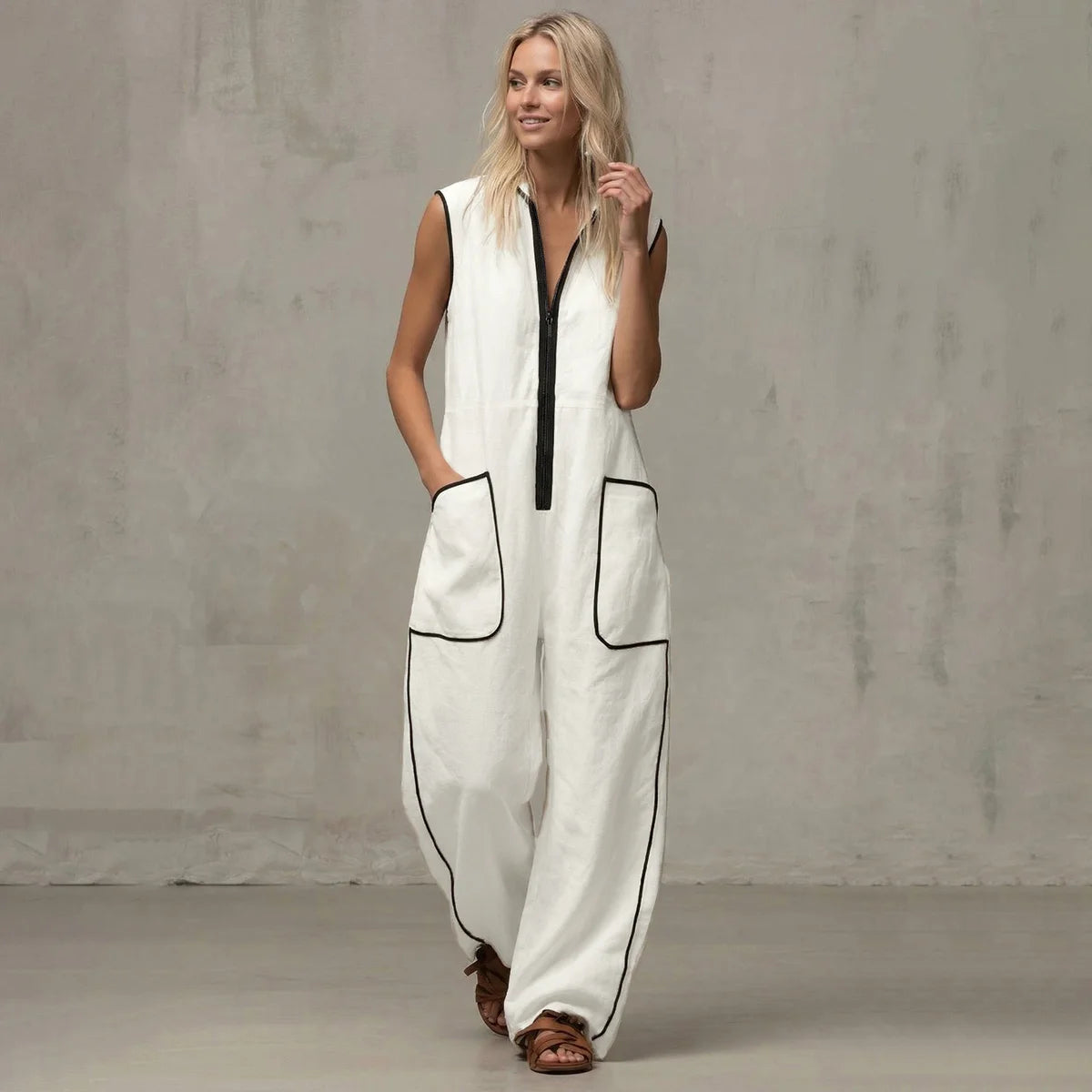 UOOZEE Women White Jumpsuits 2026 New Contrast Color Line Pockets Loose Stand Collar Zipper Casual Vacation Wide Leg Outfits