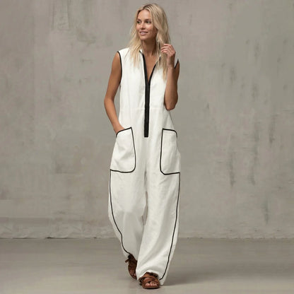 UOOZEE Women White Jumpsuits 2026 New Contrast Color Line Pockets Loose Stand Collar Zipper Casual Vacation Wide Leg Outfits
