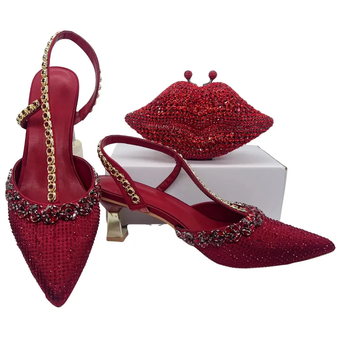 Insightlink Luxury Red Rhinestone Slingback Heels Bow Clutch Set Pointed Toe Shoes for Women Wedding Party Banquet Formal Event