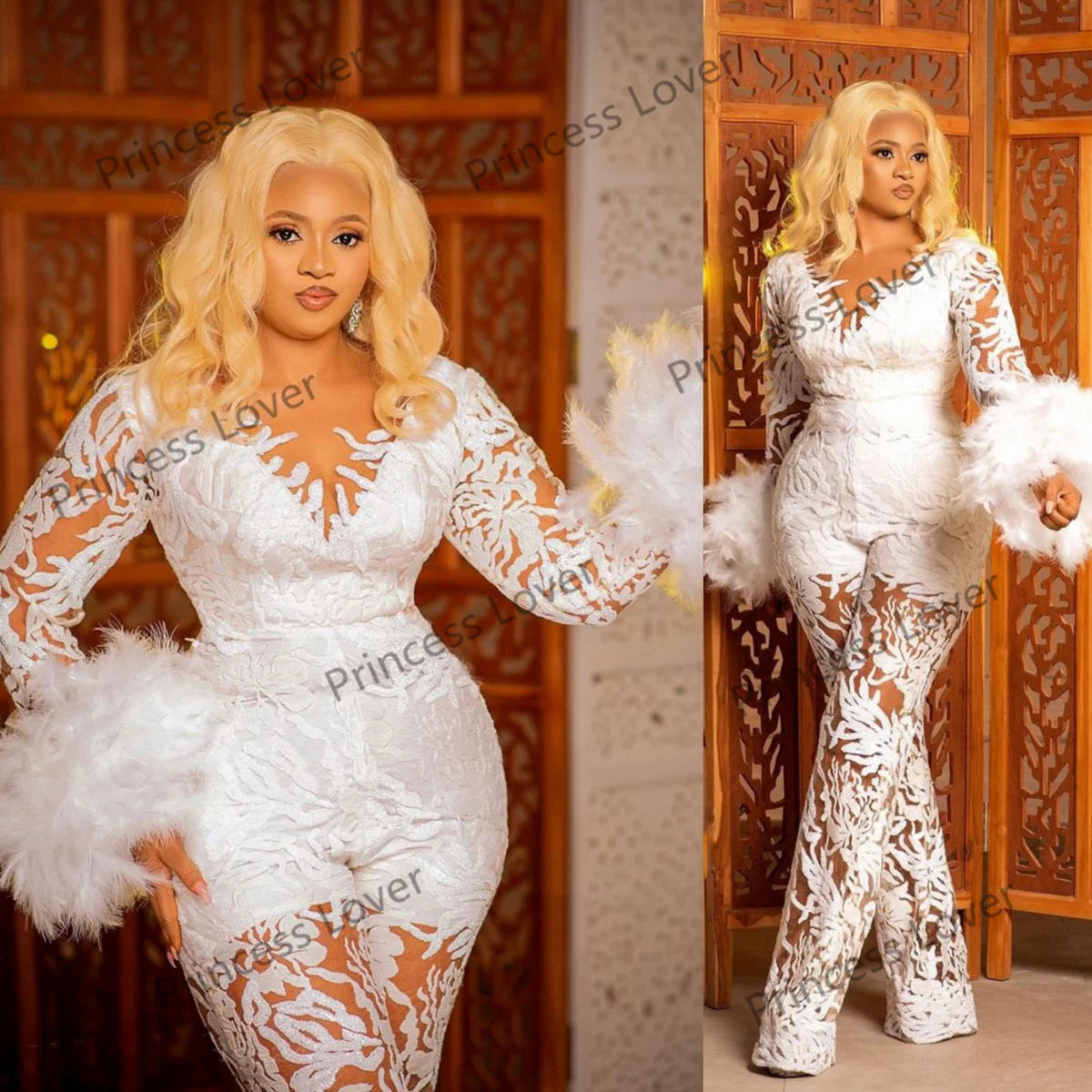 2024 Lace Jumpsuit Women's Evening Dresses Long Sleeve Feathers Party Celebrity Dress V Neck Customized Vestido de novia