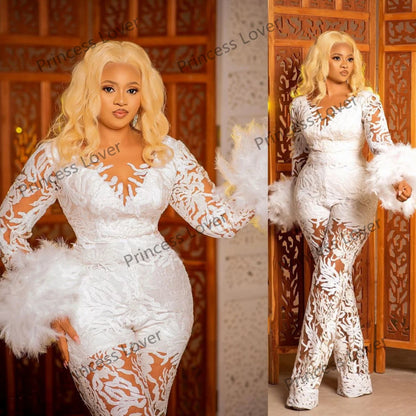 2024 Lace Jumpsuit Women's Evening Dresses Long Sleeve Feathers Party Celebrity Dress V Neck Customized Vestido de novia